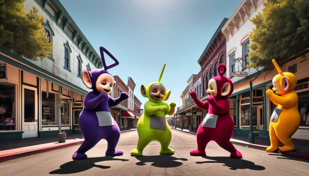 Teletubbies in a fight on Mill Street in Grass Valley, CA
